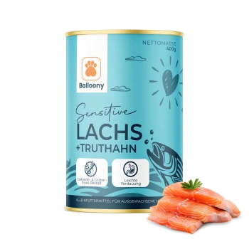 Dose mit Balloony Sensitive Lachs- und Truthahn-Tiernahrung, mit einem blauen Design und Fischillustrationen, und frischen Lachsscheiben davor.