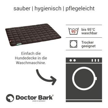 Schwarze Haustierdecke mit einem gesteppten Design, beschriftet mit 'sauber | hygienisch | pflegeleicht', was darauf hinweist, dass sie bis zu 95°C waschbar und trocknergeeignet ist.