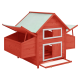 Rotes Holzhaustierhaus mit schrägem Dach, mit zwei öffnbaren Seitentüren und einer herausziehbaren Schublade zur einfachen Reinigung.