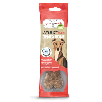 Opakowanie Yummeez Insect Maxi Denta Bone dla psów, z rysunkiem psa i tekstem podkreślającym wsparcie zdrowia jamy ustnej i zrównoważony rozwój.