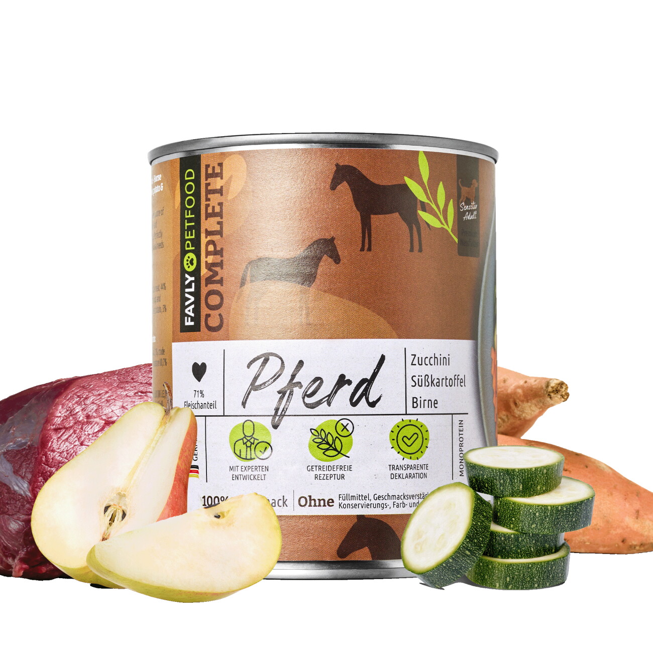 FAVLY Petfood Nassfutter Pferd mit Zucchini, Süßkartoffel & Birne 12x800 g