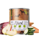 Dose mit Tiernahrung, beschriftet mit 'Pferd', die Zutaten wie Zucchini, Süßkartoffel und Birne enthält, mit einem Design, das Pferde zeigt.