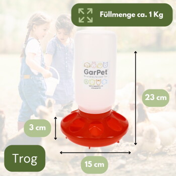 GarPet Geflügeltränke — weiße Flasche auf rotem Unterteil, beschriftet ‚GarPet‘, ‚Füllmenge ca. 1 kg‘, ‚Trog‘; Maße 23×15×3 cm