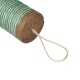 A close-up of a round, green and natural fiber scratching post for pets, featuring a looped rope for hanging or attachment.