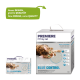 Verpackung von klumpendem Katzenstreu mit einer verspielten Katze, beschriftet mit "PREMIERE I love my cat" und "WHITE SENSATION BLUE CONTROL."
