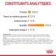 Tableau des constituants analytiques montrant des protéines (12,0 %), des graisses (3,7 %), des cendres (1,6 %), de l'humidité (77,5 %) et des acides gras oméga-6 (1,1 %).