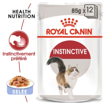 Pochette de nourriture pour chats Royal Canin Instinctive, 85g x 12, avec une illustration de chat courant, avec le texte "Health Nutrition" et "Instinctivement préféré."