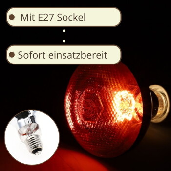 Leuchtend rote Reptilien‑Wärmelampe mit E27‑Schraubsockel; Einsatz zeigt E27‑Birne; sichtbarer Text „Mit E27 Sockel“ und „Sofort einsatzbereit“