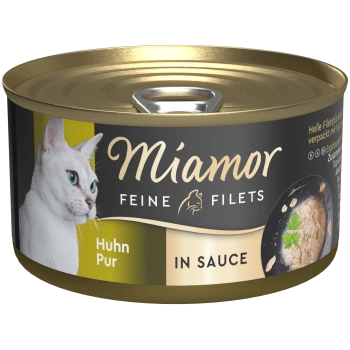 Hundefutterdose mit einer weißen Katze auf dem Etikett, beschriftet mit "Miamor Feine Filets Huhn Pur in Sauce."