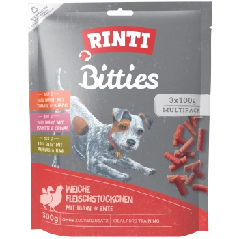 RINTI Bitties Hundesnacks Multipack 3x100 g – weiche Fleischstücke mit Huhn & Ente, 300 g.