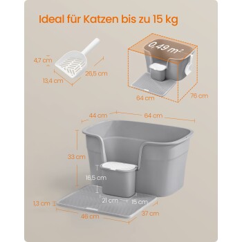 Graue Katzenstreu-Box mit Abmessungen und einer Schaufel, beschriftet mit "Ideal für Katzen bis zu 15 kg" und einer Fläche von "0,49 m²".
