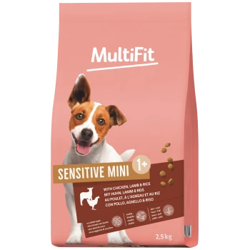 MultiFit Sensitive Mini 1+ Hundefutterbeutel (rosa) mit Aufschrift 'Huhn, Lamm & Reis', 2,5 kg