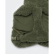 Olivgrüner Sherpa-Fleece-Hundemantel mit Kunststoffschnalle und elastischen Riemen, flach auf weißem Hintergrund abgebildet