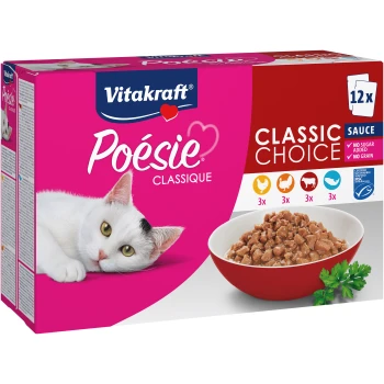 Poésie Classique 12x85g in Sauce Vitakraft Poesie Classic Choice Katzenfutterpackung zeigt eine weiße Katze mit einem schwarzen Fleck, einen Napf mit Nassfutter und die Etiketten "12x," "Kein Zucker," "Keine Körner."