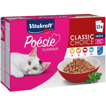 Vitakraft Poesie Classic Choice Katzenfutterpackung zeigt eine weiße Katze mit einem schwarzen Fleck, einen Napf mit Nassfutter und die Etiketten "12x," "Kein Zucker," "Keine Körner."