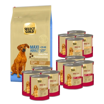 Select Gold Maxi Adult Sensitive Hundefutterbeutel für Hunde über 25 kg mit Lamm und Reis sowie mehrere Dosen Nassfutter für erwachsene Hunde.