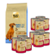 Select Gold Maxi Adult Sensitive Hundefutterbeutel für Hunde über 25 kg mit Lamm und Reis sowie mehrere Dosen Nassfutter für erwachsene Hunde.