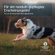 Springender dreifarbiger Hund im Gras mit eingeblendetem Text 'Für ein rundum gepflegtes Erscheinungsbild' und 'Natürliche Inhaltsstoffe'.