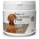 Ein weißer Behälter mit der Aufschrift "REAVET+ ULMENRINDE PLUS" für Hunde, entwickelt für Magen- und Darmgesundheit, mit einem Bild eines braunen Hundes.