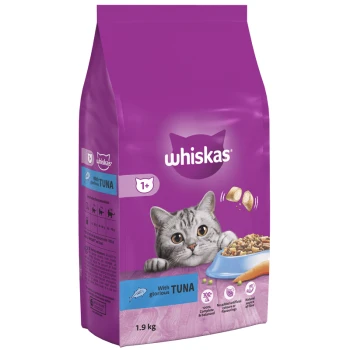 Whiskas cat food bag featuring a gray cat with a bowl of food, labeled "With glorious TUNA," 1.9 kg size.