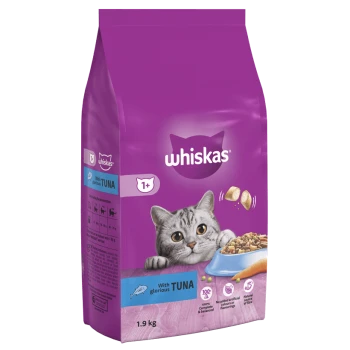 Whiskas cat food bag featuring a gray cat with a bowl of food, labeled "With glorious TUNA," 1.9 kg size.