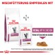 Bild von Royal Canin "Renal Select" Trockenfuttertüte und "Renal mit Huhn" Nassfutterbeutel, mit deutschem Text zur Mischfütterung.