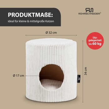 Katzenhöhle Abmessungen: Ø 32 cm, Höhe 34 cm, Eingang Ø 17 cm; geeignet für kleine bis mittelgroße Katzen, unterstützt bis zu 60 kg.