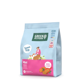 Grüne Petfood Insect Dog Mini Trockenfutter-Tüte für erwachsene Hunde, getreidefrei, Haut- und Fellunterstützung, deutsche Qualität, neues Produkt.