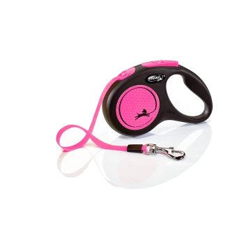 A pink retractable dog leash with a black handle and a honeycomb-patterned design, featuring a silver clip at the end.
