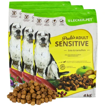 Hundfutterverpackung mit "Paula's Adult Sensitive" mit Ente und Kartoffeln, 4 kg, geeignet für Hunde mit Allergien, begleitet von Trockenfutter.