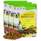 Hundfutterverpackung mit "Paula's Adult Sensitive" mit Ente und Kartoffeln, 4 kg, geeignet für Hunde mit Allergien, begleitet von Trockenfutter.
