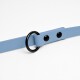 Helles blaues Hundehalsband mit schwarzem Metallring und Verschlüssen, vor einem weißen Hintergrund präsentiert.