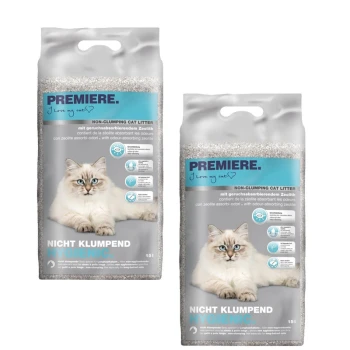 Zwei Tüten PREMIERE klumpfreies Katzenstreu mit einer flauschigen weißen Katze auf der Vorderseite, mit Text, der zeolithabsorbierende Gerüche hervorhebt.