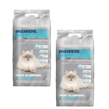 Zwei Tüten PREMIERE klumpfreies Katzenstreu mit einer flauschigen weißen Katze auf der Vorderseite, mit Text, der zeolithabsorbierende Gerüche hervorhebt.
