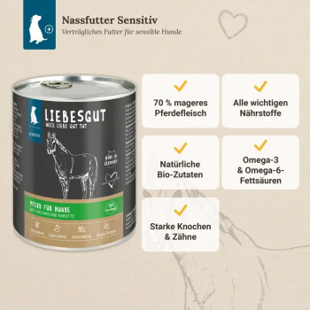Dose Liebesgut Nassfutter Sensitiv für Hunde mit Pferdeskizze; sichtbarer Text: ‚Pferd für Hunde‘ und ‚70% mageres Pferdefleisch‘
