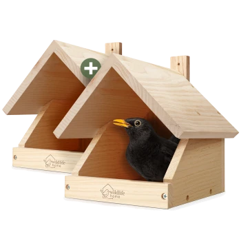Zwei helle Holzvogelhäuser mit 'wildlife home'-Logo; eine Amsel lugt aus dem vorderen Haus und ein grünes Plus-Abzeichen ist sichtbar