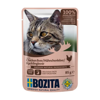 Katze-Futterbeutel mit dem Gesicht einer getigerten Katze, beschriftet mit "Bozita" und "100% Tierprotein", "Hühnchenleber" und "Getreidefrei."
