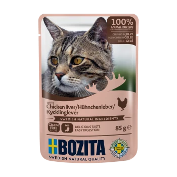 Torebka z jedzeniem dla kotów z twarzą kota tabby, oznaczona "Bozita" z "100% białka zwierzęcego", "wątróbka z kurczaka" i "bez zbóż".