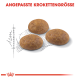 Drei oval geformte Haustierfutterkroketten auf einem skizzierten Hintergrund, mit dem Text 'ANGEPASSTE KROKETTENGRÖSSE' in fettem Rot darüber.