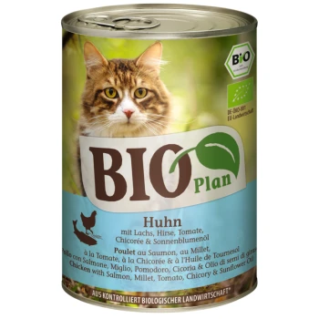 Katze Futterdose mit einer Nahaufnahme des Gesichts einer Katze, beschriftet "BIO Plan Huhn" mit Zutaten: Huhn, Lachs, Hirse, Tomate, Chicorée, Sonnenblumenöl.