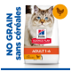 Sac de nourriture pour chats Hill's Science Plan présentant un chat aux yeux bleus, étiqueté "SANS CÉRÉALES" et "avec POULET," adapté aux chats adultes âgés de 1 à 6 ans.