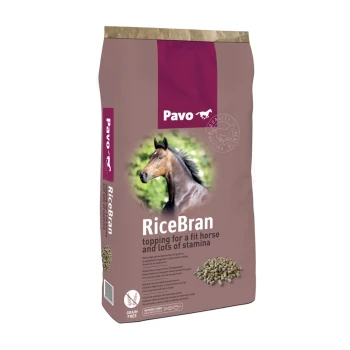 Pavo RiceBran Pferdefutterbeutel mit dem Profil eines Pferdes, gekennzeichnet als Belag für ein fitten Pferd mit viel Ausdauer, getreidefrei.