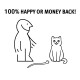 Eine cartoonhafte Figur steht neben einer glücklichen Katze und einem kleinen Wurm, mit dem Text "100% HAPPY ODER GELD ZURÜCK!" über ihnen.
