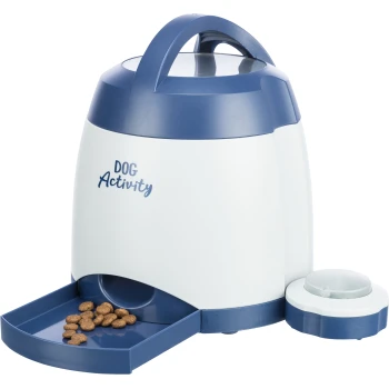 Dog Activity Memory Trainer 3.0 Hunde-Aktivitätsfutterspender in Weiß und Blau, mit einem oberen Griff, einem Futterausgabetablett mit Trockenfutter und einem kleinen Behälter an der Seite.