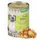 Dosen-Hundefutter mit der Aufschrift "Paula's 100% Hähnchen und Karotte", das Hähnchen und Karotten enthält, mit 93% Fleischanteil und ohne Zusatzstoffe.