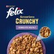 Verpackung von Purina Felix Sensations Crunchy Katzenfutter, das eine Mischung aus knusprigen Kroketten und Fleischstücken zeigt, gekennzeichnet mit "Gemischte Vielfalt."