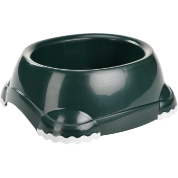 Groene plastic huisdierenvoederkom met een brede rand en een textuur witte basis voor stabiliteit.