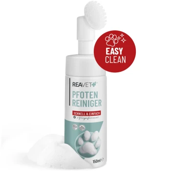 Behälter von REAVET+ Pfoten Balsam für Haustiere, mit einem Golden Retriever, Waben und dem Text "Schutz & Pflege". Hergestellt in Deutschland.