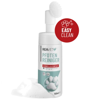 Behälter von REAVET+ Pfoten Balsam für Haustiere, mit einem Golden Retriever, Waben und dem Text "Schutz & Pflege". Hergestellt in Deutschland.