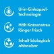 Urin-Einkapsel-Technologie, hält Katzenstreu länger frisch, Inhalt biologisch abbaubar; Icons auf blauem Hintergrund.